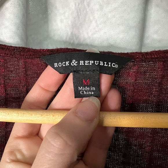Rock & Republic Burgundy & Black Faux Wrap Long Sleeve Ribbed Top - MED - Picture 10 of 11